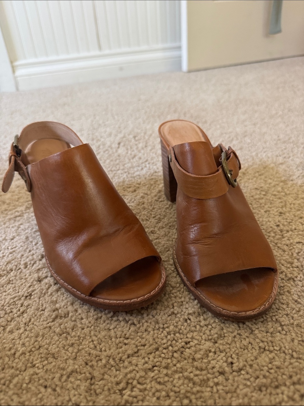 Madewell Women's Tan Leather Open-Toe Block Heel Mules
